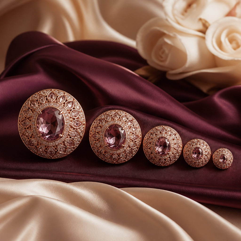 Alignement élégant d'ornements bijoux or rosé de tailles progressives sur soie prune, top plugs anaux - Everymiss