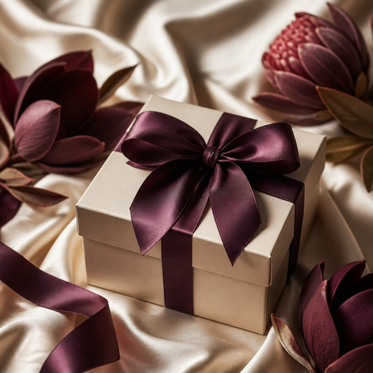Coffret cadeau boutique élégant au ruban prune sur soie crème - Everymiss