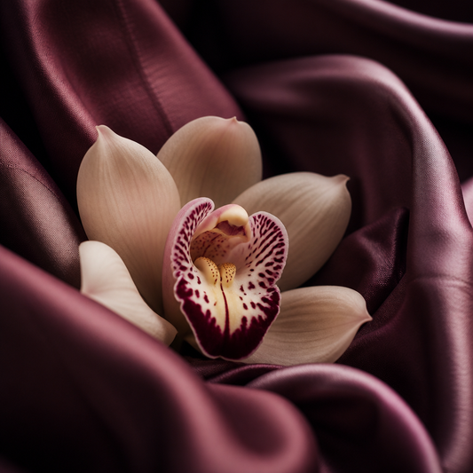 Orchidée délicate parmi des plis de soie prune, abstrait intime - Everymiss