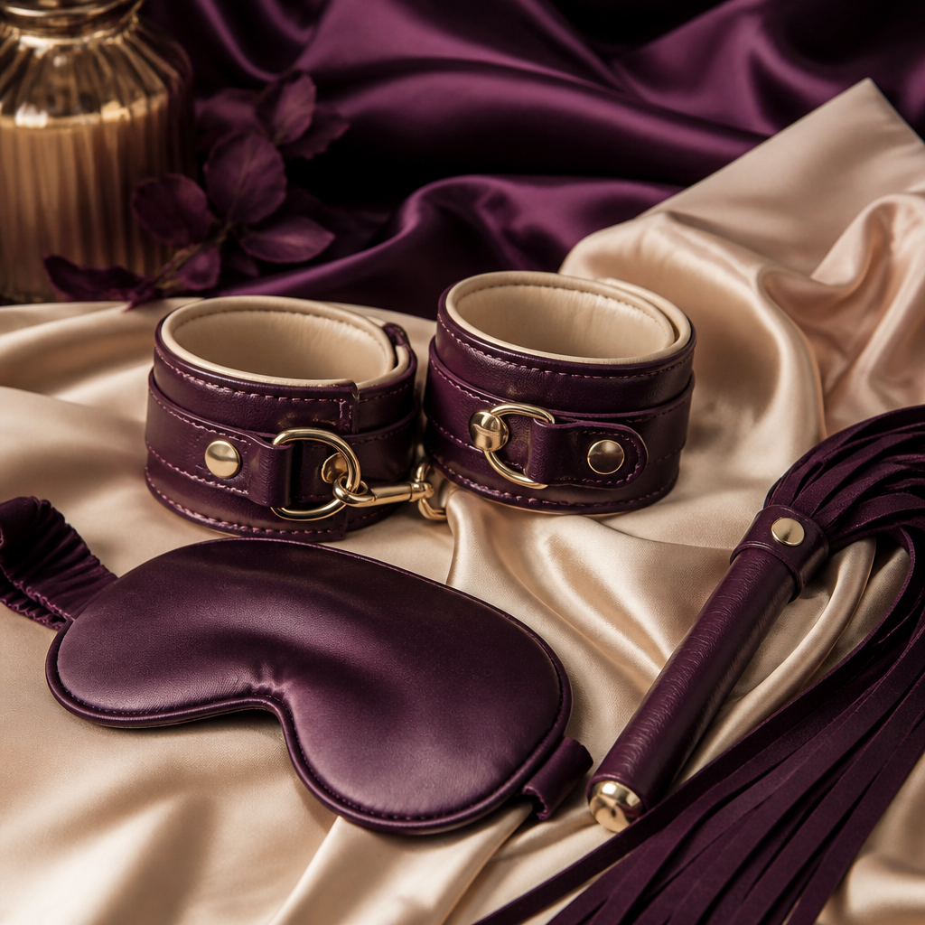 BDSM accessoires premium sur soie prune et creme