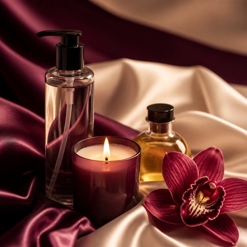 Bien-etre intime et massage premium sur soie prune et creme