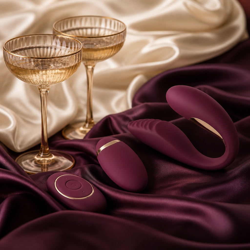 Sextoys pour couples premium sur soie prune et creme