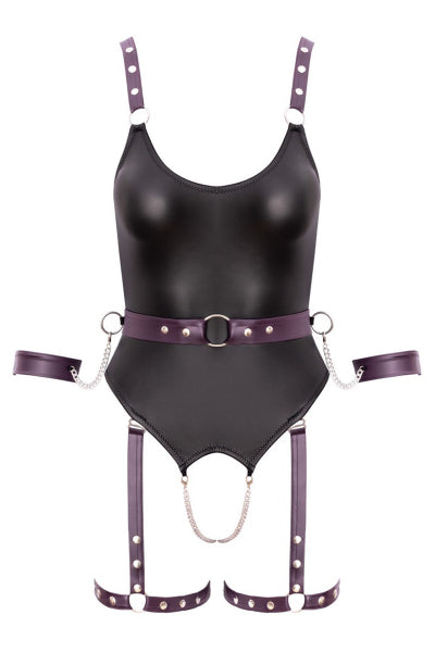Body à jarretelles ouvert avec menottes - Cottelli Bondage